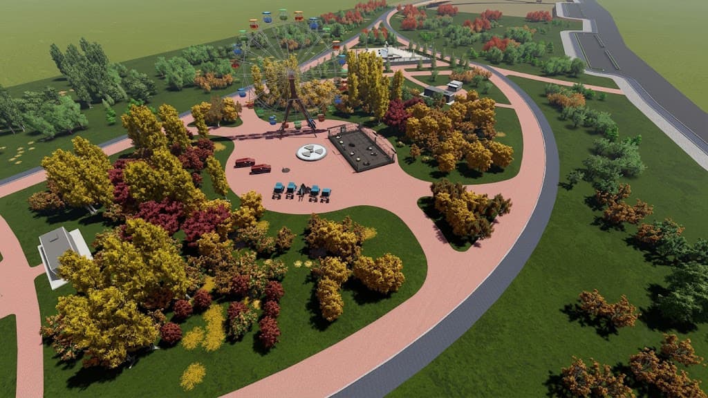 80s Coastal Park Chernobyl Memorial Landscape — themed outdoor space interpreting the environmental consequences of the disaster through planting and spatial composition