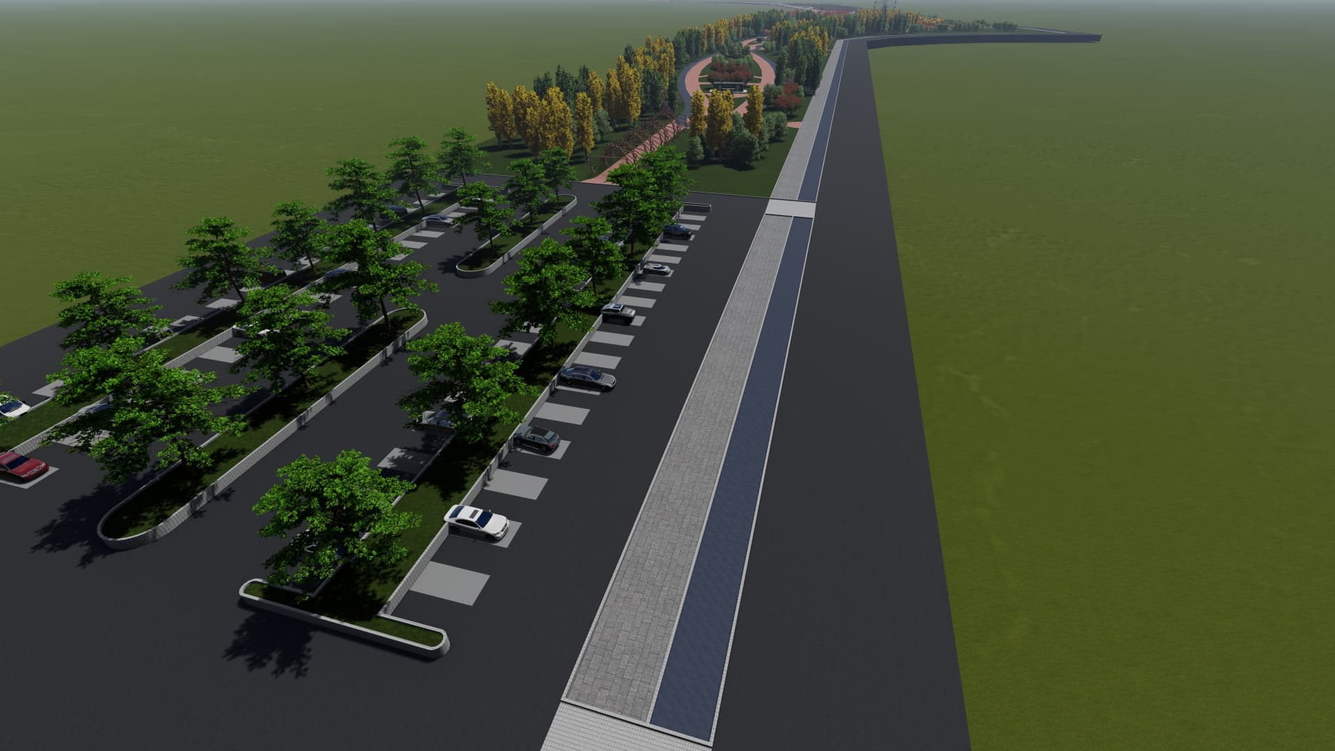 80s Coastal Park Distributed Parking Area — reinforced grass surface with tree canopy